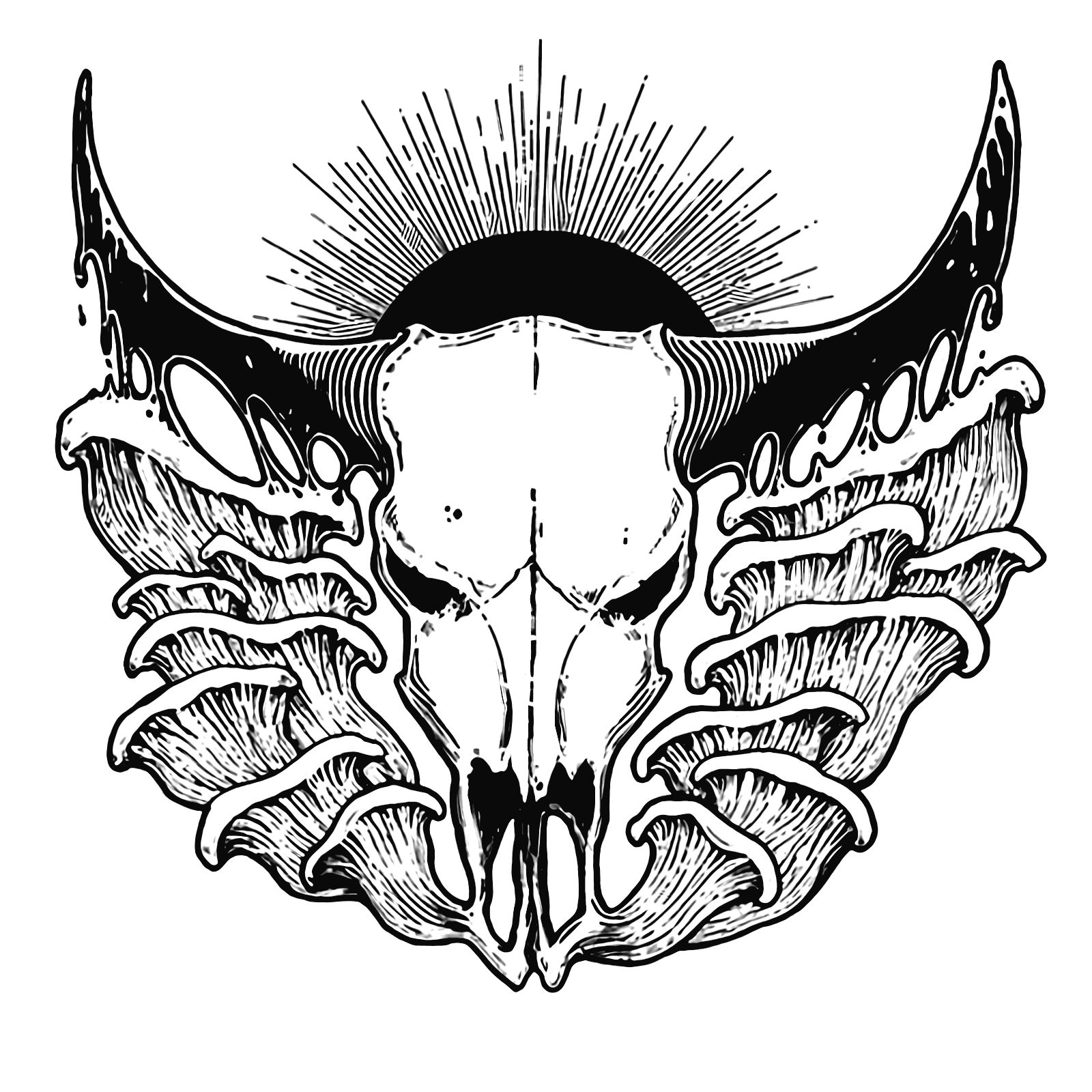 Cap City Shrooms logo: a longhorn skull with oyster mushrooms